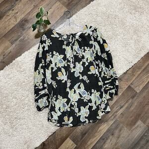 LC Lauren Conrad XXL Black Floral Ruffle Embroidered Keyhole Peasant Blouse Top